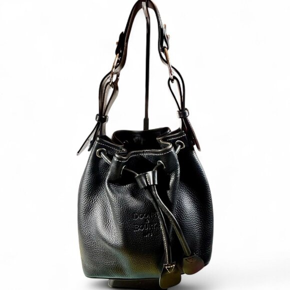 Vintage Dooney & Bourke Black Pebbled Leather Drawstring Bucket Bag 1990s - Picture 2 of 13